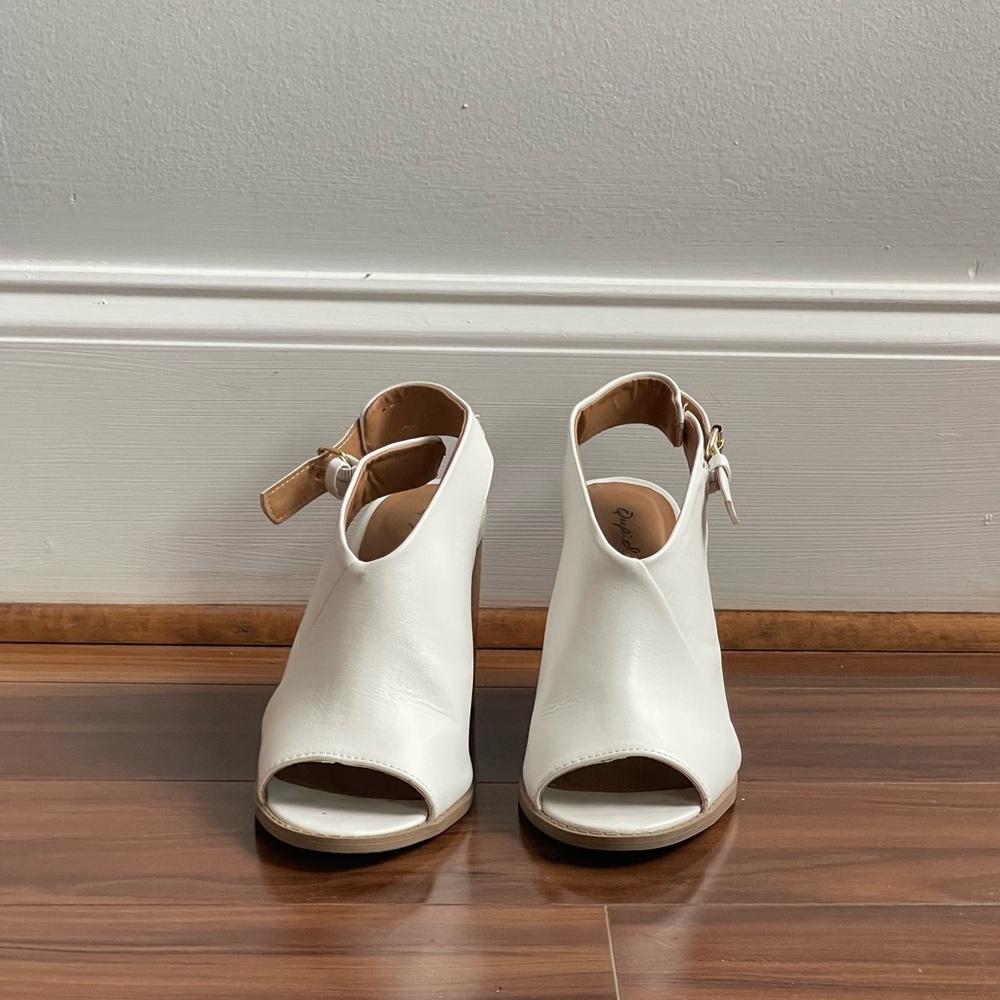 White peep toe bootie heels. 3 inches.